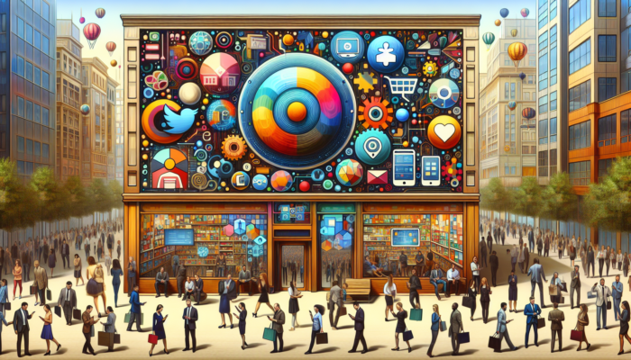 A vibrant digital storefront with Google logo, showing products and services, surrounded by diverse people using smartphones.