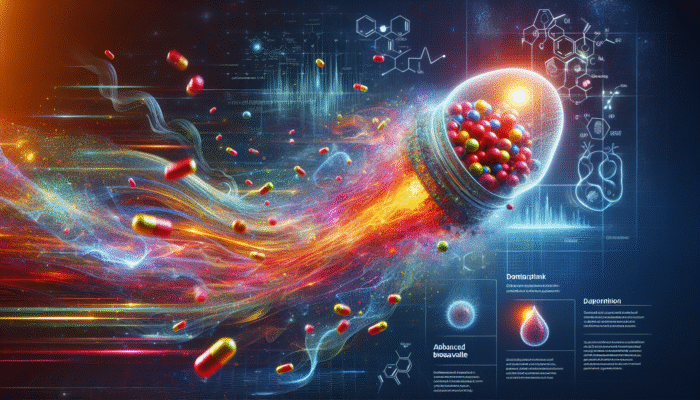 Illustration of liposomal supplements rapidly entering the bloodstream, symbolising vitality and energy.