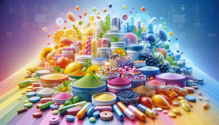 A vibrant collection of dietary supplements presented in various forms such as capsules, tablets, and powders against a lively backdrop.