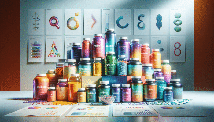 A selection of specialty supplement bottles featuring probiotics, omega-3, and protein powders set against a health-focused backdrop.