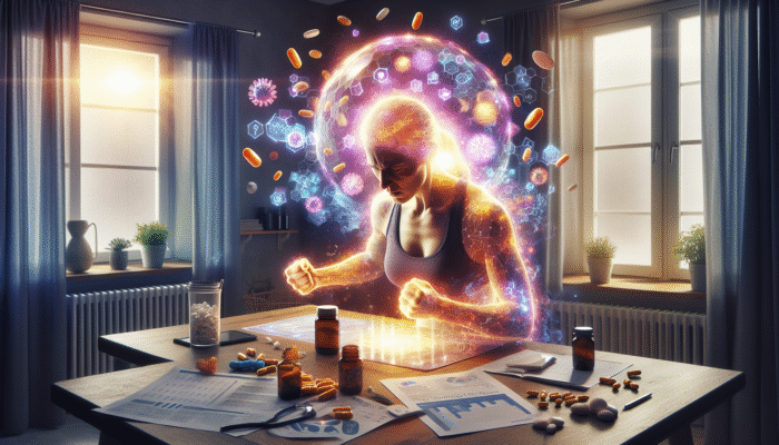 Individual at home exercising, surrounded by vitamin C and zinc supplements, with an aura representing a strengthened immune system.