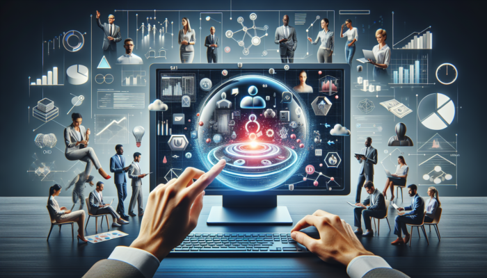 Digital workspace featuring Google My Business on screen, with experts collaborating on strategies for enhancing online visibility.
