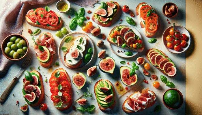 Various bruschetta slices on rustic Italian bread with classic and creative toppings like tomato, basil, mozzarella, avocado, prosciutto, and figs.