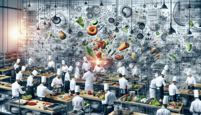 Chefs in a contemporary kitchen efficiently utilising all ingredients, minimising waste, with scales and cost charts.