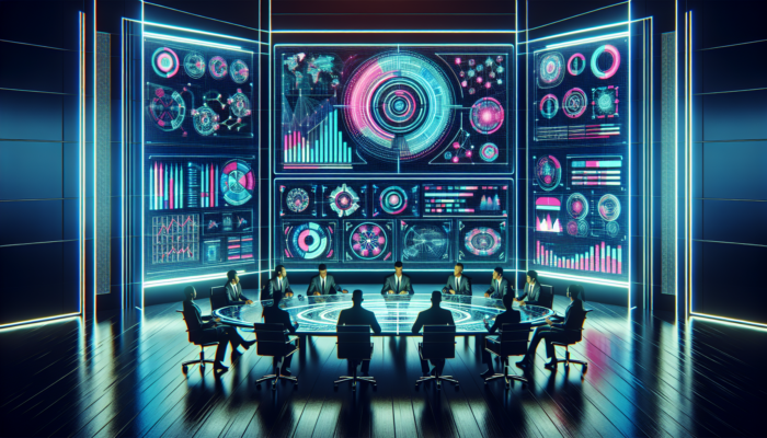 A futuristic command centre featuring holographic screens displaying Google Business Profile analytics, with a team strategising in a modern environment accented with neon designs.