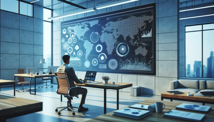 An individual analysing colourful Google Analytics graphs displayed on a large screen in a modern office, surrounded by business strategy notes and a laptop showcasing a business profile.