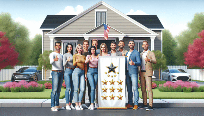 Satisfied homeowners giving thumbs-up in front of their home, showcasing a banner with top-rated home service logo and positive reviews.