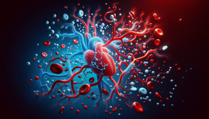 Illustration depicting nitric oxide molecules enhancing cardiovascular health in blood vessels, with vibrant colours.