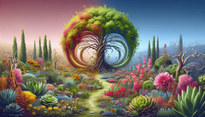 A vibrant garden featuring resilient plants such as succulents and perennials thriving post-disaster.