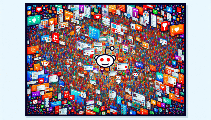 Engage in Local Reddit Communities for SEO: A vibrant collage illustrating Reddit's diverse subreddits and user interactions.