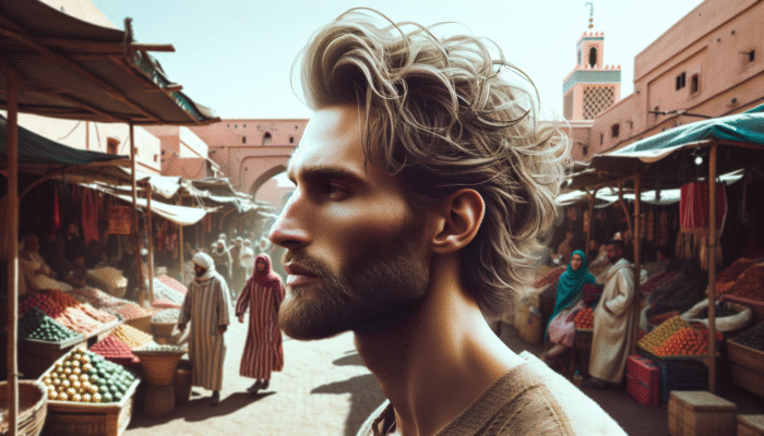 Man styled with textured hair using matte pomade in the bustling markets of Marrakech, showcasing a natural look amid windy conditions.