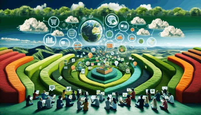 Infographic illustrating sustainable living trends, zero-waste tips, and eco-friendly product reviews, featuring diverse consumers using digital devices.