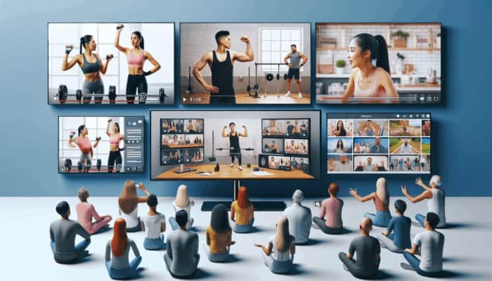 Screens showcasing fitness tutorials, expert interviews, and behind-the-scenes vlogs, engaging a diverse audience.