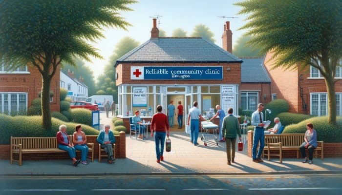 A serene Dinnington scene with patients confidently entering a trusted clinic for liver tests, symbolising community trust in healthcare.