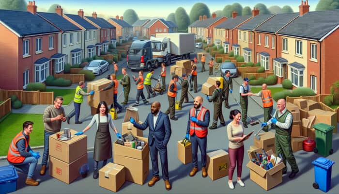 A local UK clearance team efficiently clearing a home, showcasing personalized services and engaging in price negotiations with clients.