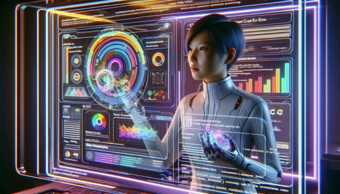 A webmaster monitoring data from Google Search Console on a holographic display in a futuristic, tech-filled setting.