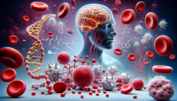 Illustration of Vitamin B12 molecule with red blood cells, nerve cells, DNA, and brain, highlighting its roles.