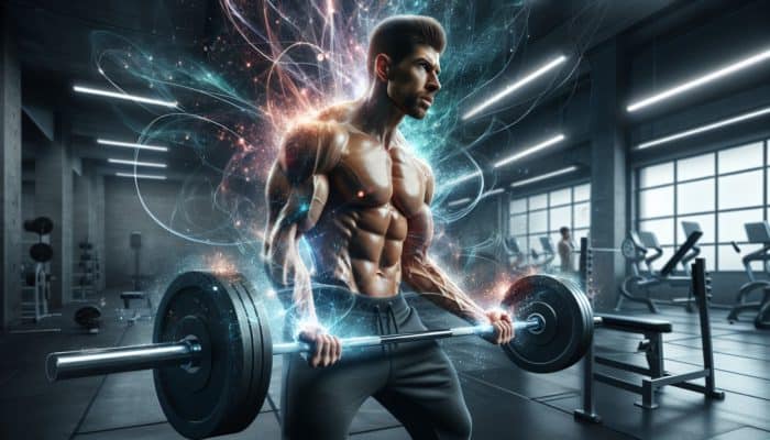 A muscular athlete lifting weights with a glowing energy aura, symbolising creatine's performance boost.