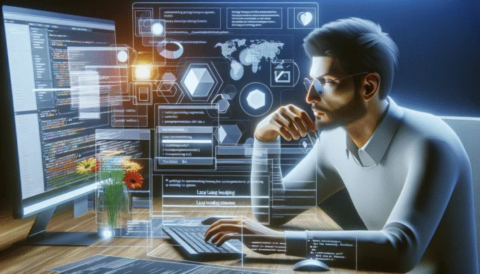 A web developer selecting tools for lazy loading to improve website performance in a modern workspace.