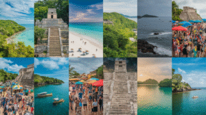 A collage of 12 images depicting beaches, ancient stone ruins, verdant landscapes, ocean vistas, crowded festivals with market stalls, boats on water, and people enjoying sandy shores under blue and cloudy skies—ideal for a Belize travel guide.