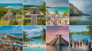 A collage of eight images displaying ancient Mayan ruins, crowded beaches, clear turquoise water, a vibrant marketplace with colourful umbrellas, tourists, and tropical landscapes under Belize's sunny and partly cloudy skies.