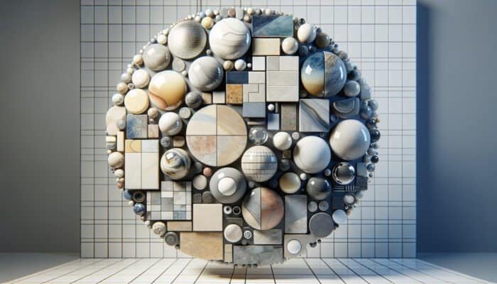 A selection of porcelain tiles: glazed, glossy and water-resistant; unglazed, natural texture; polished, smooth and reflective, situated in a high-traffic area.