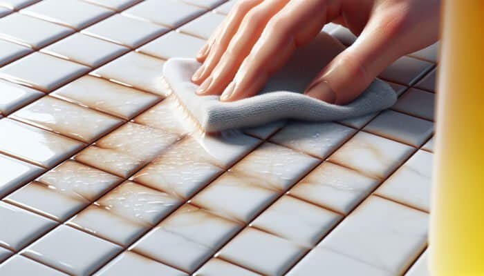 Porcelain tiles exhibiting hard water stains being cleaned with a vinegar-soaked cloth, restoring their shine.