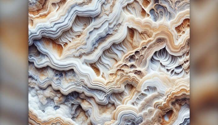 Close-up view of travertine stone highlighting its sedimentary texture, calcium carbonate composition, natural voids, and earthy beige to brown tones.
