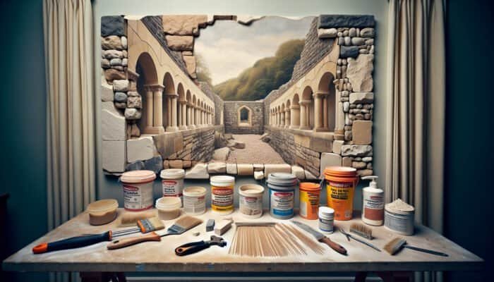 A selection of top-quality travertine hole repair fillers showcased on a workbench in the UK, featuring various types and textures, with a partially repaired wall in the background.