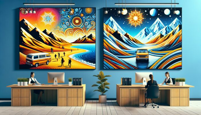 A car rental office with vibrant posters advertising summer beach and winter mountain scenes, showcasing seasonal discounts.