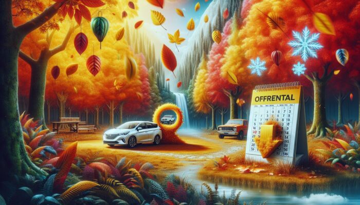 A peaceful autumn setting with a car rental office, vibrant falling leaves, and a calendar indicating off-peak seasons.