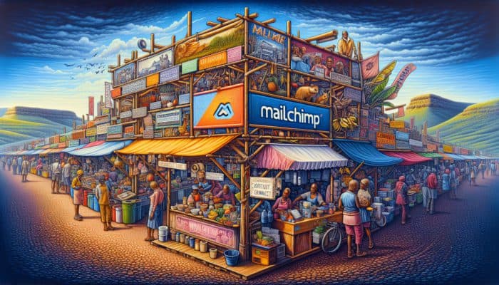 South African market scene showcasing Mailchimp and Constant Contact stalls, with local businesses in the background.