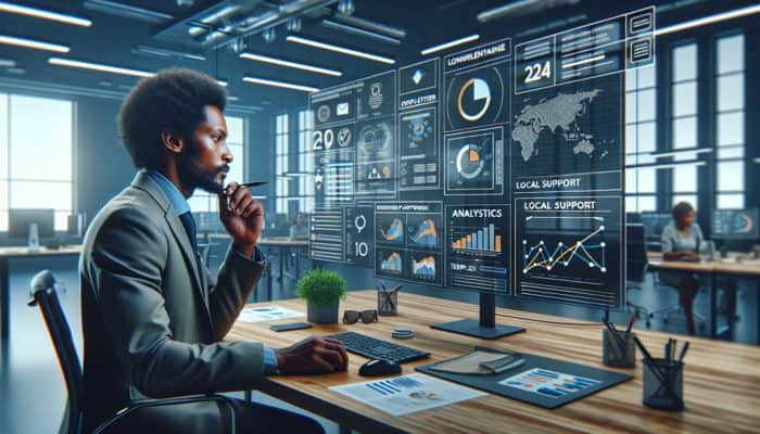 A South African entrepreneur analysing affordable newsletter platforms with a budget chart in a modern office.
