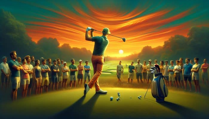South African golf pro providing swing tips at sunset on a lush course, with students watching eagerly.