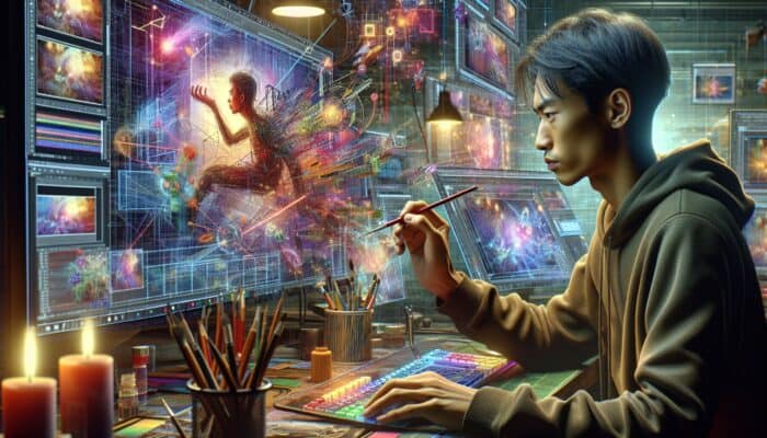 A digital artist designing a YouTube thumbnail, balancing vibrant colours and honesty to foster trust and engagement.