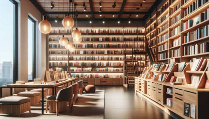 A cosy bookstore in Downtown Las Vegas with warm lighting and wooden shelves full of diverse books.