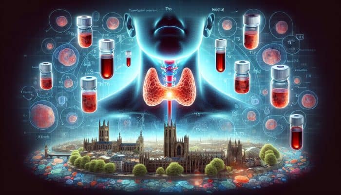 Illustration of thyroid gland and blood vials labeled TSH, T3, T4, with Bristol cityscape background.