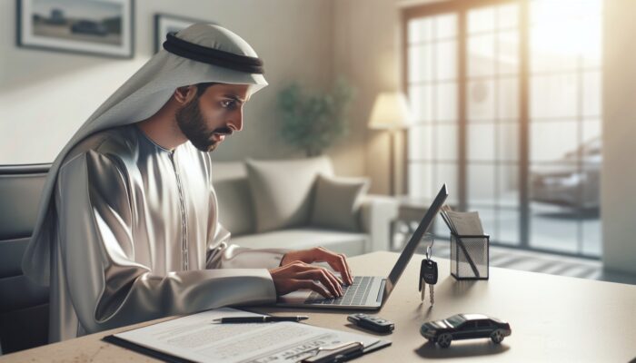 A person writing a rental car review on a laptop, surrounded by notes and a key in a modern room.