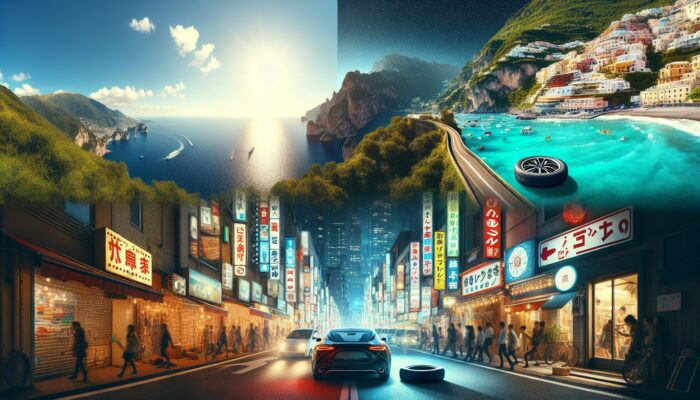 A car on a scenic Amalfi Coast road trip and navigating Tokyo streets, with personal moments like a flat tire and misleading GPS.