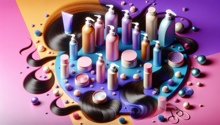 A colourful display of various hair moisturizers with hydrated hair strands.