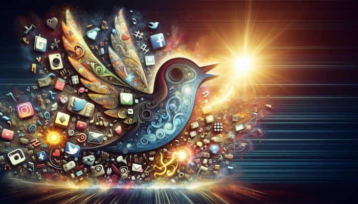 A vibrant collage of social media icons and radiant '#' symbols symbolising hashtag trends.