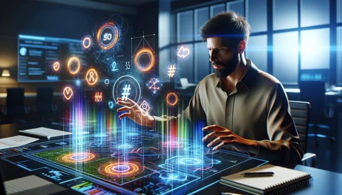 A digital marketing expert scrutinising trending hashtags on a futuristic screen, with SEO graphs and colourful data visualisations in a contemporary office.