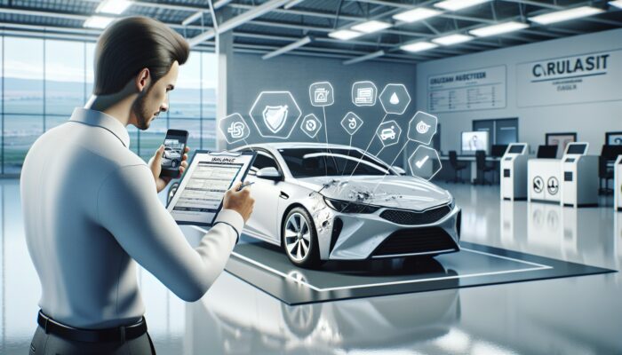 Individual inspecting a rental car, documenting damages, with insurance documents and a checklist at a modern facility.
