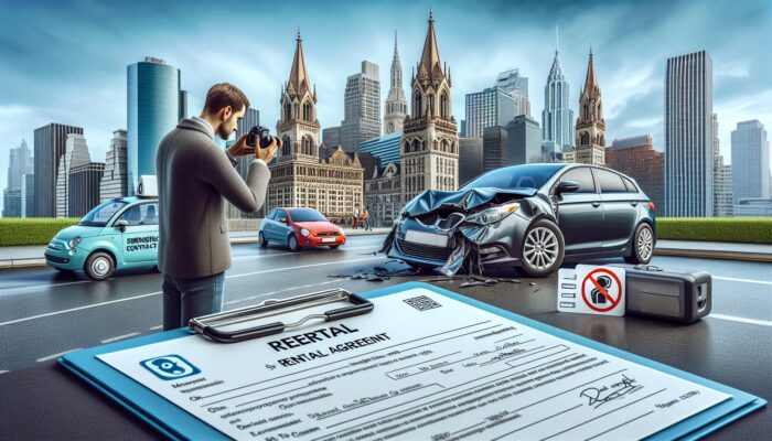 Individual documenting a damaged rental car with an agreement and emergency contacts in an international city.