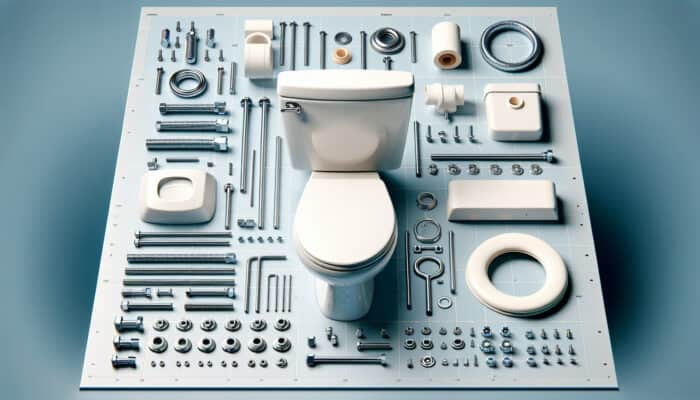 Toilet Installation Components in Langley: bowl, tank, wax ring, mounting bolts, labeled on workshop floor.