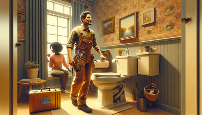 A Richmond plumber fixing a toilet, showcasing personalised service and community trust in a cozy home.