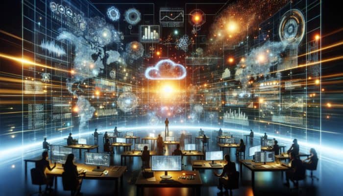 A digital landscape with glowing data streams and charts, symbolising credibility and authority, with engaged users analysing information.