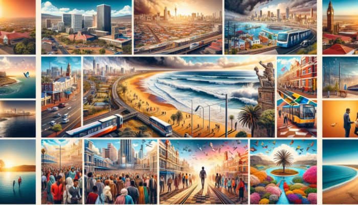 A vibrant collage showcasing Durban's diverse neighbourhoods, from bustling City Centre to serene coastal areas.