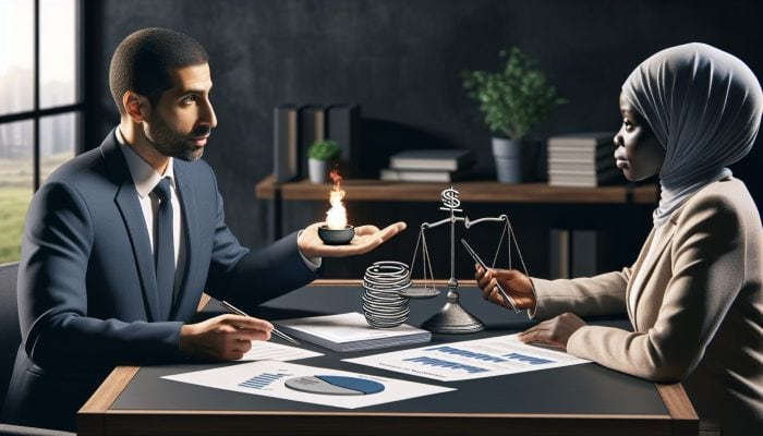 A discussion between an individual and a financial advisor about debt consolidation, supported by charts and documents.