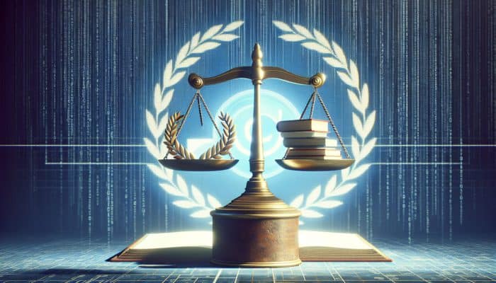 Use E-E-A-T to Boost Local Rankings: A digital scale with books and a laurel wreath, symbolising E-E-A-T, with a search engine logo background.